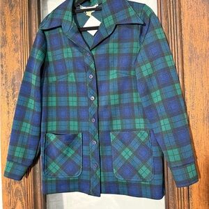 70s Women's Blue and Green Plaid Button Down Shirt medium
